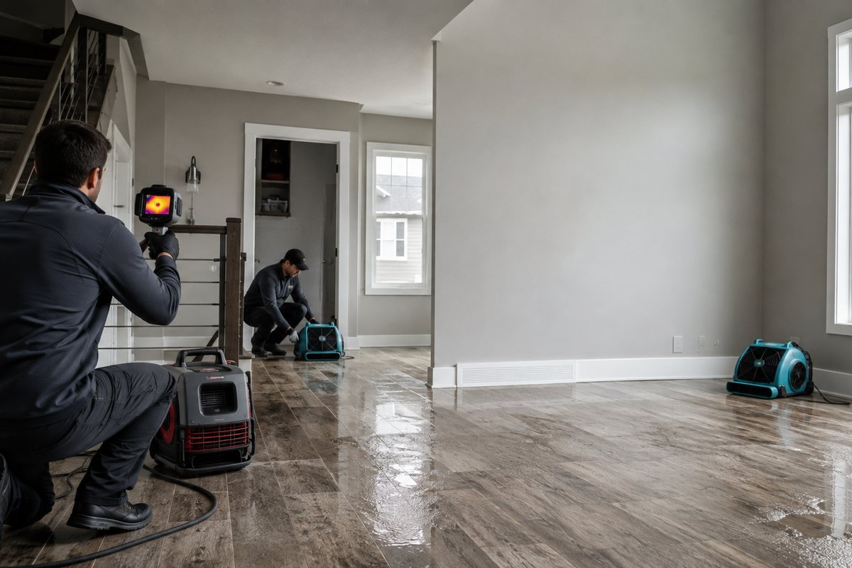 A thermal survey being taken of a wall while air movers run behind protective sheeting