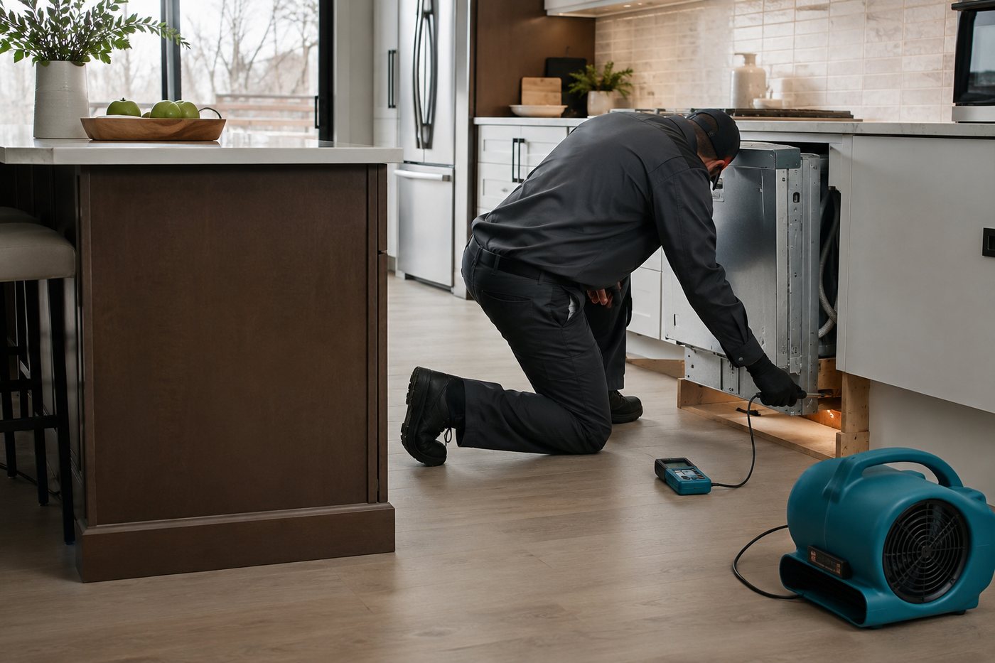 A moisture reading being taken at an open dishwasher bay with an air mover running on the kitchen floor