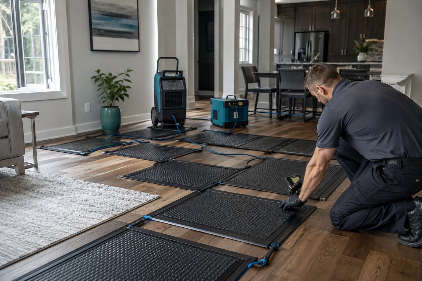 Floor drying mats laid in a grid across a hardwood floor with air movers running at the edges of the room