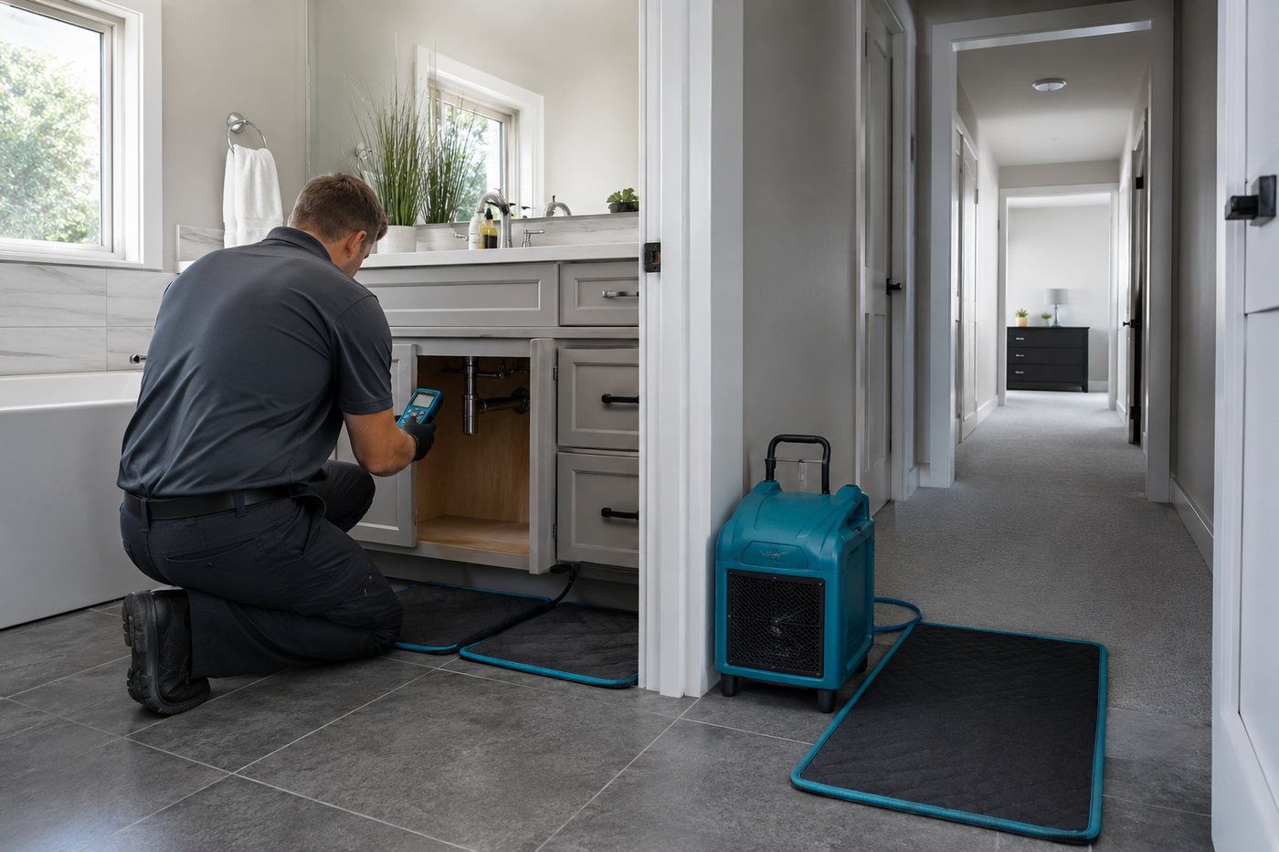 Moisture being checked inside a bathroom vanity cabinet, with drying mats and an air mover running in the hallway